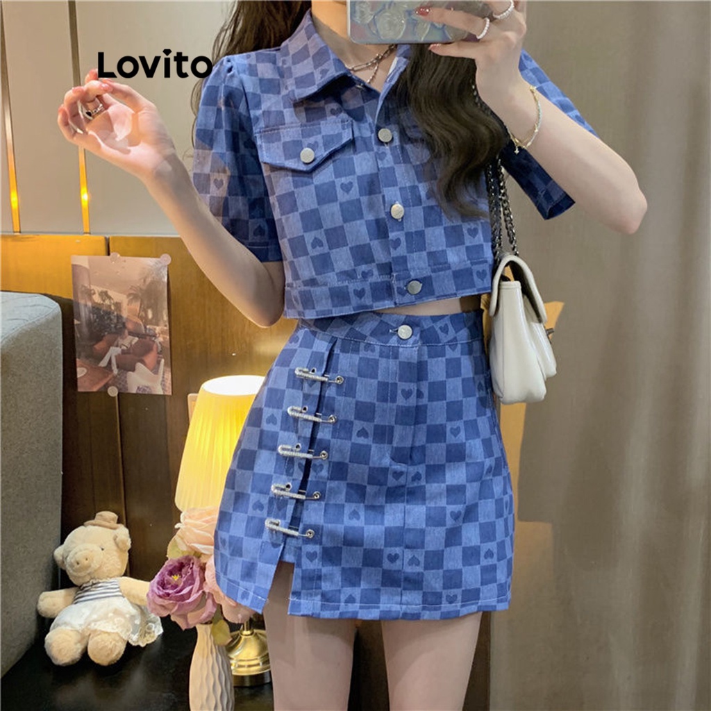 Lovito Nút kẻ caro dễ thương Túi phía trước cổ áo ngắn tay Áo khoác crop cho nữ LNE09060 (Màu xanh da trời)