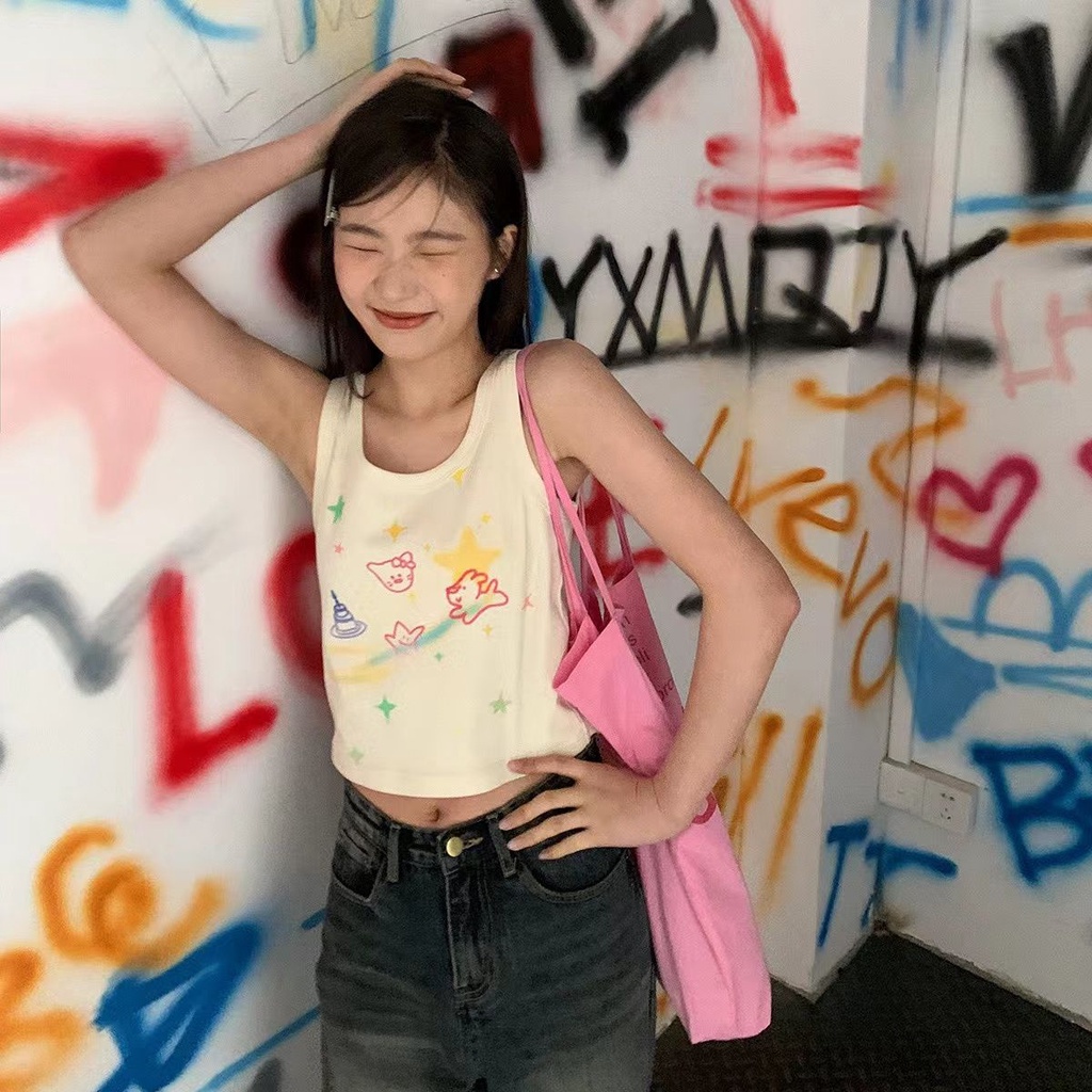 Áo Hai Dây Mùa Hè In Họa Tiết Graffiti Ngọt Ngào Cho Nữ