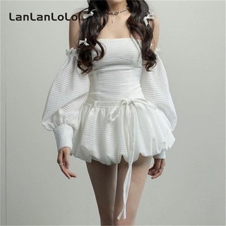LanLanLo Nữ Màu Trơn Tắt Vai Bóng Tay Ôm Vừa Vặn Cao Cấp Thời Trang Ngọt Ngào