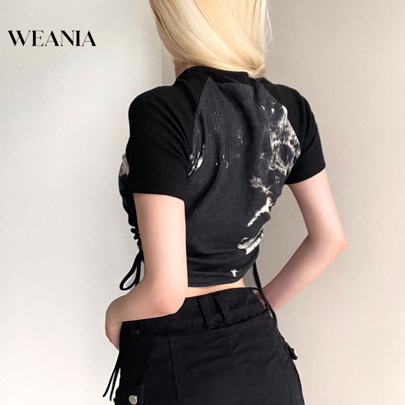 Áo Croptop Tay Ngắn Phối Dây Rút In Họa Tiết Kiểu Vintage Mỹ Xinh Xắn Cho Nữ