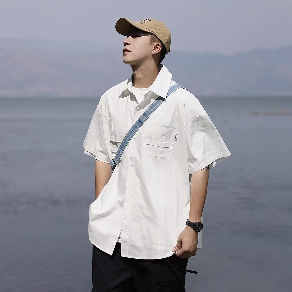 Áo Sơ Mi Tay Ngắn Màu Trơn Đơn Giản Phong Cách Đường Phố Mỹ Nhật Bản Thời Trang Mùa Hè Mới Cho Nam