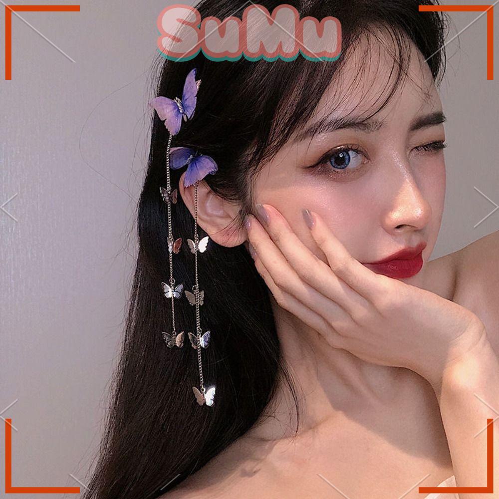 1 Cặp Kẹp Tóc Hình Bướm Bằng Hợp Kim Đính Đá Phối Tua Rua Phong Cách Vintage Dành Cho Nữ