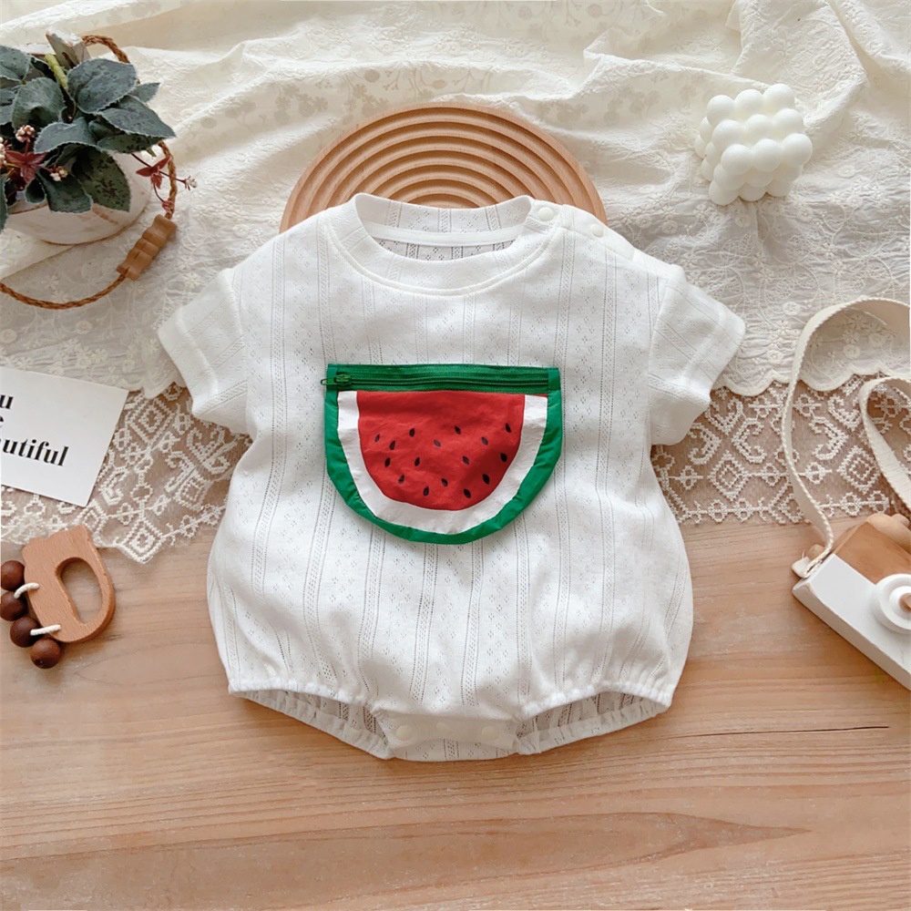 Bộ Áo Liền Quần Ngắn Tay In Hình Dưa Hấu Dễ Thương Cho Trẻ Sơ Sinh