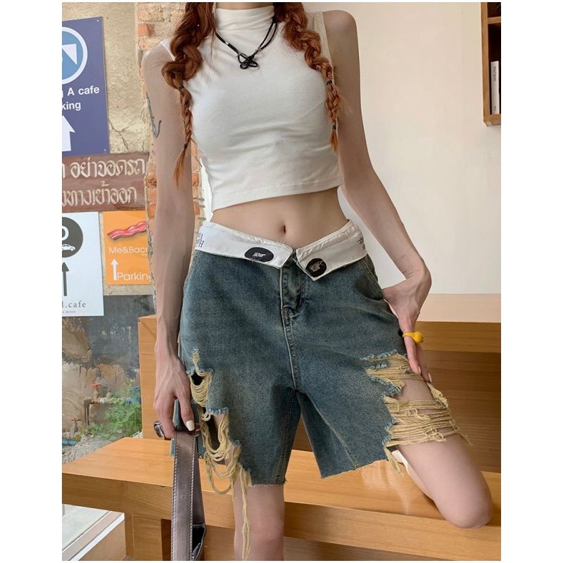 Quần Short Jean Rách Lưng Cao Ống Rộng Thời Trang Dành Cho Nữ