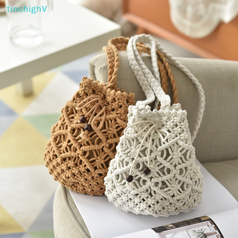 Túi Xách Cotton Đan Tay Màu Trơn Thời Trang Dành Cho Nữ