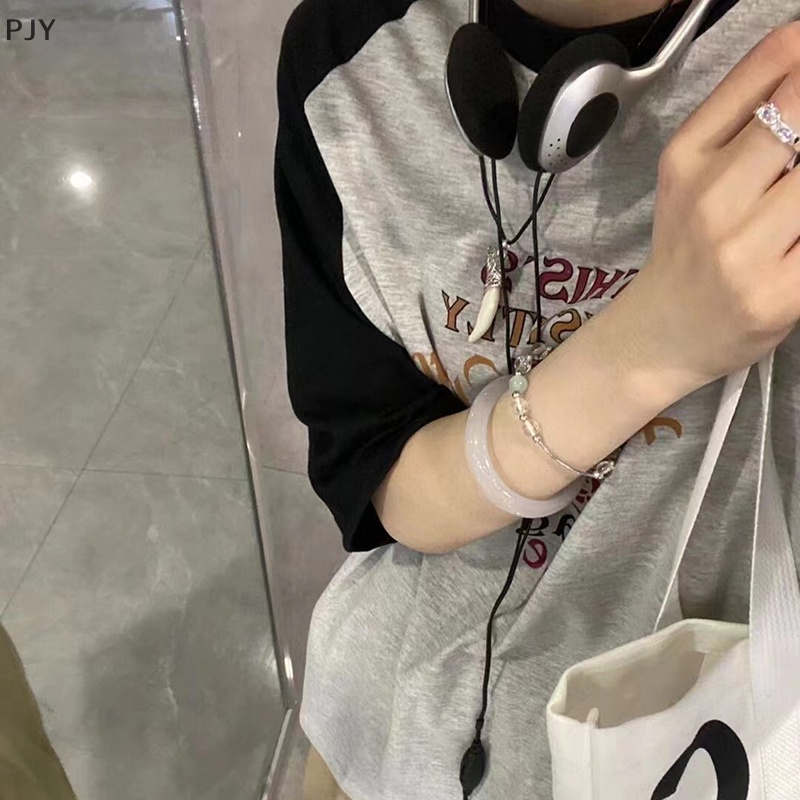 Áo Thun Ngắn Tay Cổ Tròn Dáng Rộng In Chữ Phối Màu Tương Phản Thời Trang Mùa Hè Cho Nữ PJ