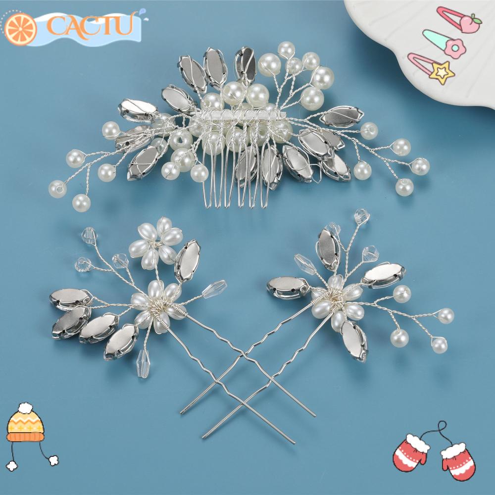 CACTU Set 3 Lược Cài Tóc Cô Dâu Đính Đá Pha Lê Nhã Nhặn