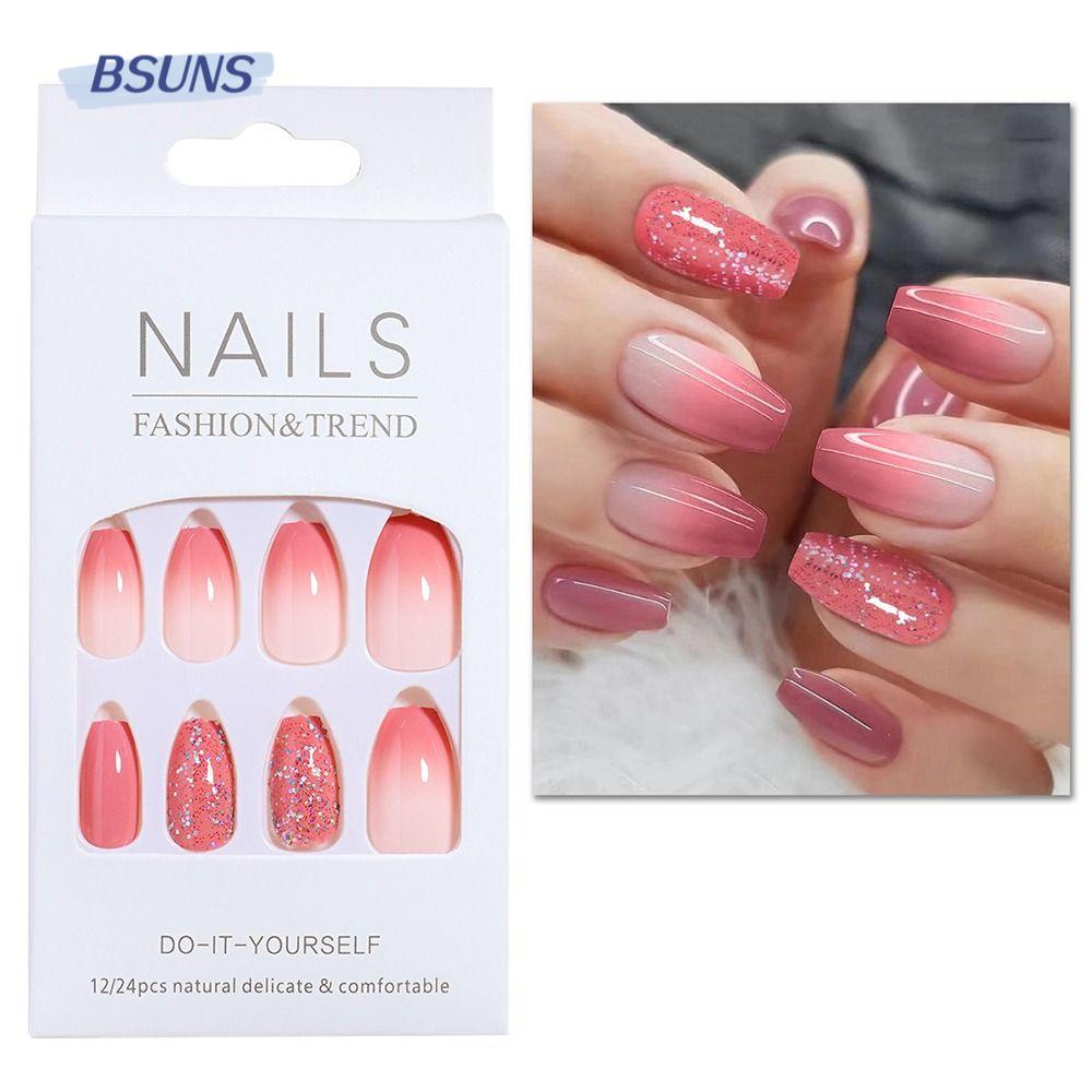 BSUNS Bộ 24 Móng Tay Giả Ngắn Màu Hồng Gradient Đính Kim Tuyến Có Thể Tháo Rời Che Phủ Toàn Diện Phong Cách Pháp Cho Nữ