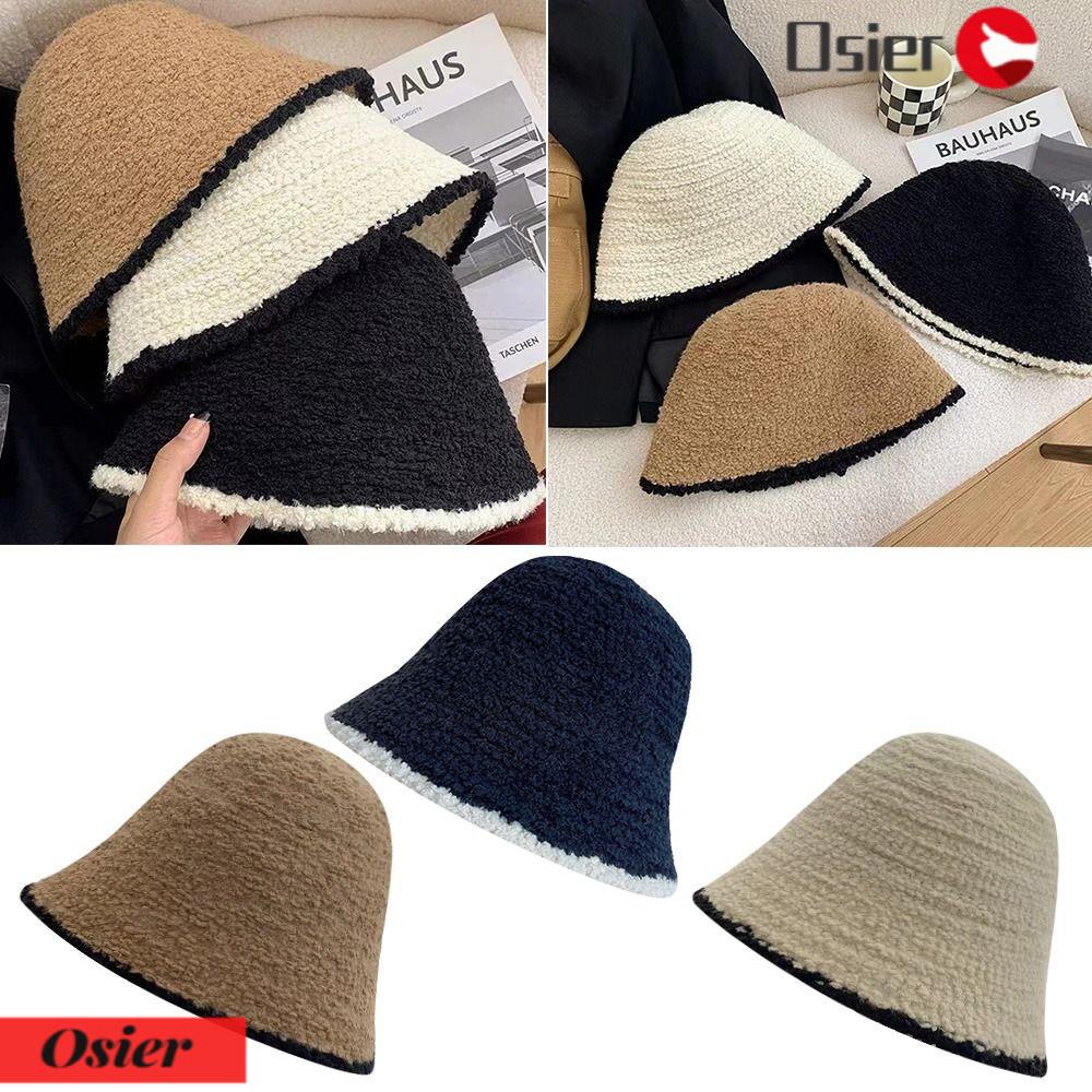 OSIER1 Mũ Bucket Dệt Kim Phối Ren Mềm Mại Màu Sắc Tương Phản Thời Trang Mùa Đông