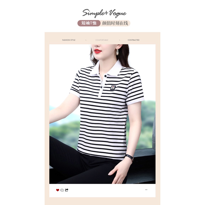 Áo Thun polo Cotton Ngắn Tay Họa Tiết Kẻ Sọc Trắng Đen Thời Trang Mùa Hè Cho Nữ  75841479#