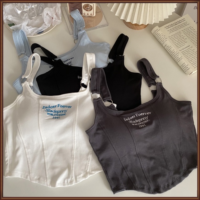 Áo Croptop Sát Nách Cổ Tròn Thêu Chữ Vải Cotton Thời Trang Mùa Hè Quyến Rũ Cho Nữ