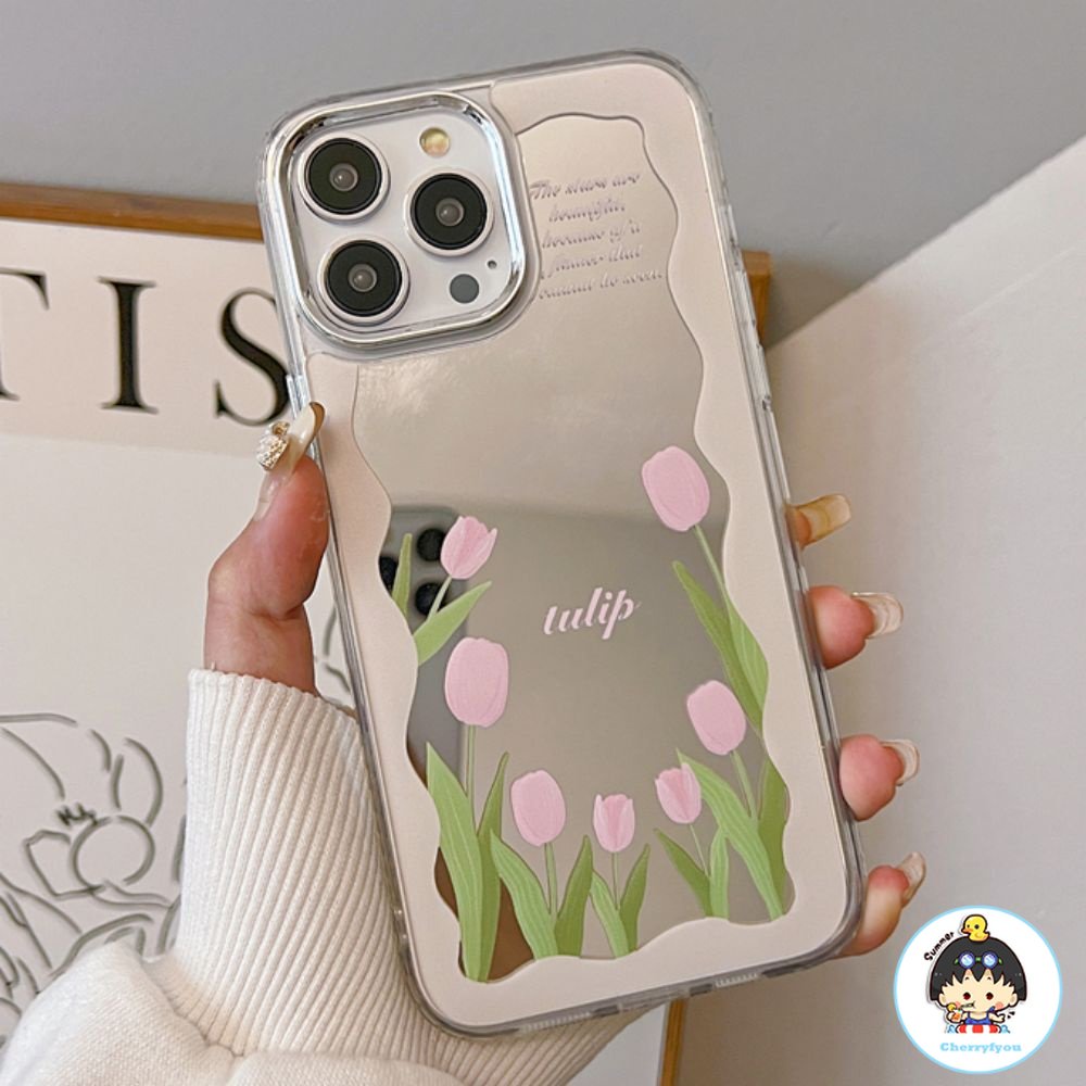 Ốp Điện Thoại Mềm Chống Bụi Bẩn Họa Tiết Hoa Tulip Gắn Gương Cho IPhone 14 13 12 11 Pro Max XS XR