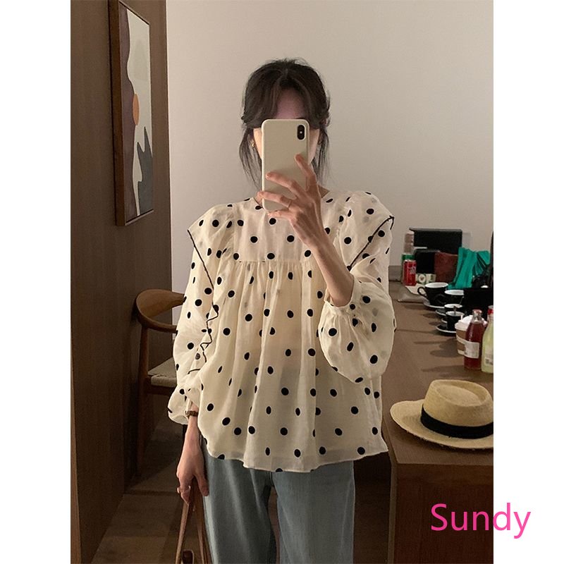 Áo Sơ Mi Tay Dài Nhún Bèo Họa Tiết Chấm Bi Dễ Thương Thời Trang Xuân Hè Cho Nữ