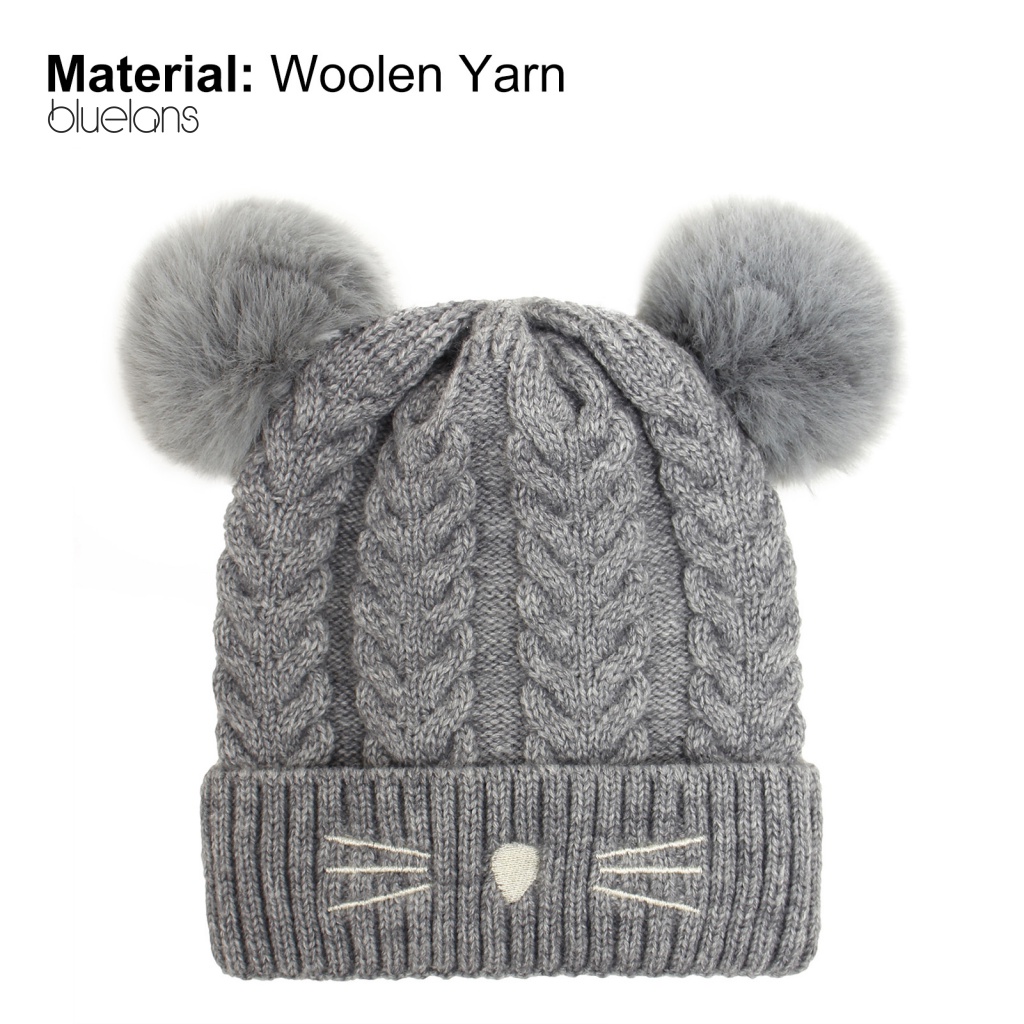 Mũ Beanie Đính Hai Quả Bông Dày Dặn Họa Tiết Hoạt Hình Dễ Thương Cho Bé Gái