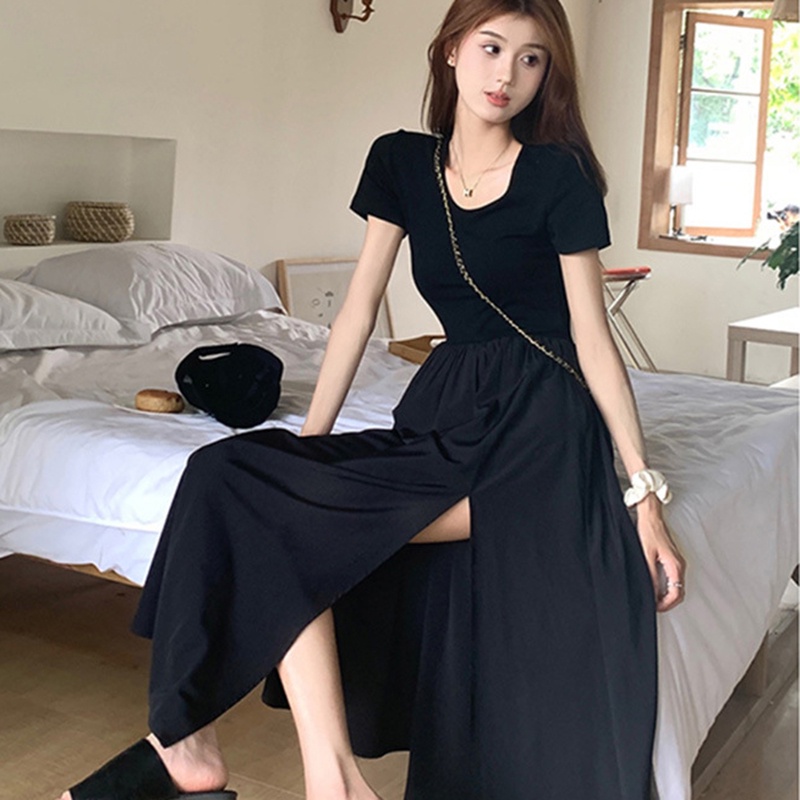Đầm Dài Đến Đầu Gối Ôm Eo Tay Ngắn Màu Đen Xẻ Tà Thời Trang Cho Nữ