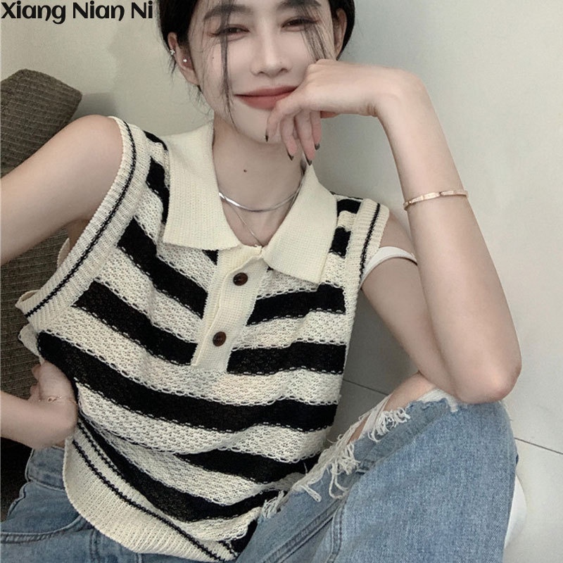 Áo polo Sát Nách Kẻ Sọc Ngang Phong Cách Hàn Quốc Thời Trang Mùa Hè Mới Cho Nữ