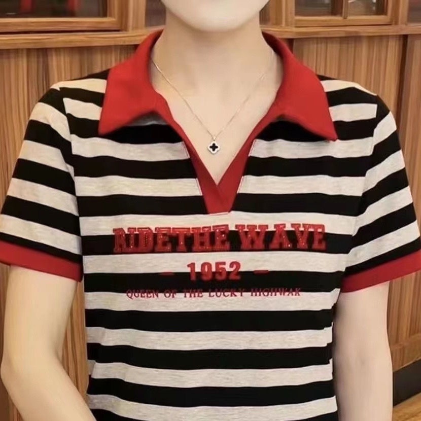 Áo Thun polo Tay Ngắn Kẻ Sọc Phong Cách Mới Cho Phụ Nữ Trung Niên