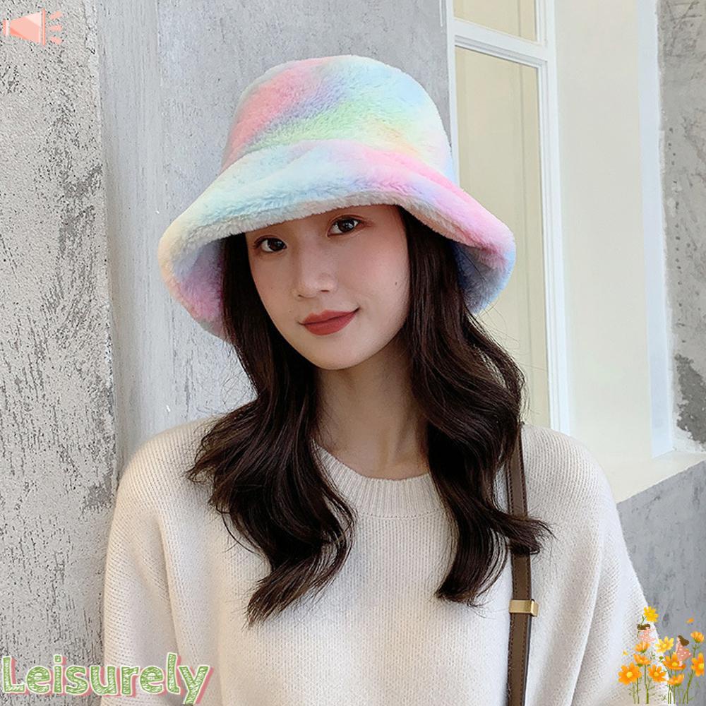 LEILY Mũ Bucket Màu Loang Mềm Mại Giữ Ấm Mùa Đông Cho Nữ