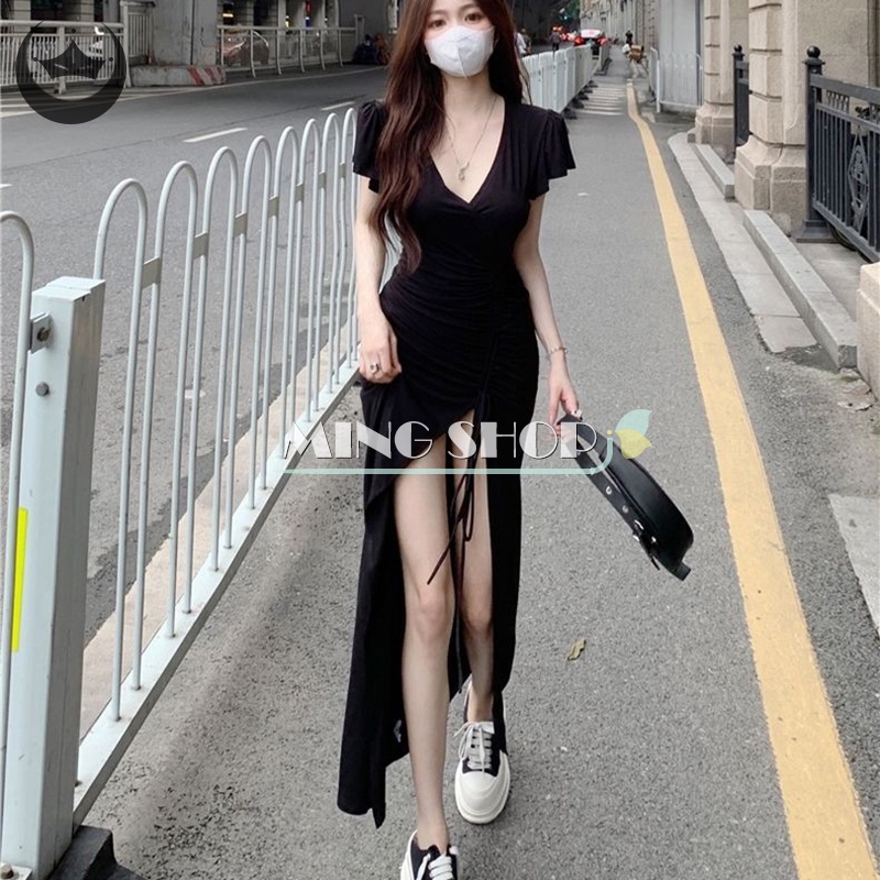 Đầm Dây Rút Cổ V Dáng Dài Xẻ Tà Thời Trang Mùa Hè Quyến Rũ Cho Nữ