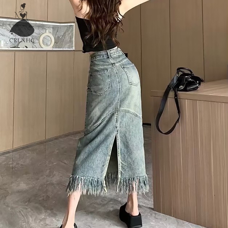 Chân Váy Jean Dài Dáng Chữ A Lưng Cao Phối Tua Rua Thời Trang Mùa Hè 2023 Phong Cách Vintage Y2k