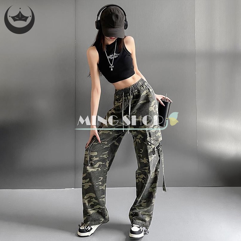 Quần Baggy Ống Rộng Lưng Vừa Họa Tiết Rằn Ri Phong Cách Hiphop Đường Phố Cho Nữ Y2k