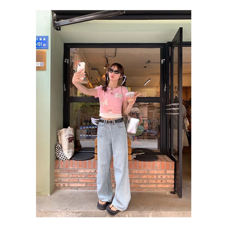 Áo Thun Tay Ngắn Giả Hai Lớp Dáng Ôm Họa Tiết Bướm Dễ Thương Thời Trang Mùa Hè