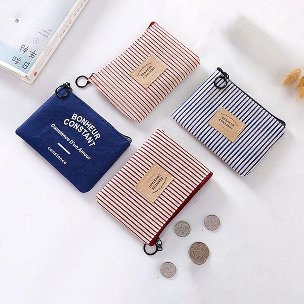 26EDIE Ví Đựng Tiền Xu / Son Môi / Thẻ Vải Canvas Kẻ Sọc In Chữ Nhỏ Nhắn Dễ Thương Cho Bé