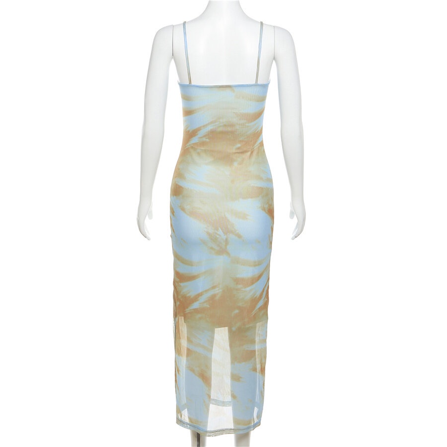 Klalien Đầm Maxi Hai Dây Ôm Dáng Xẻ Tà Họa Tiết Màu Nhuộm Phong Cách Vintage Thanh Lịch Thời Trang Cho Nữ