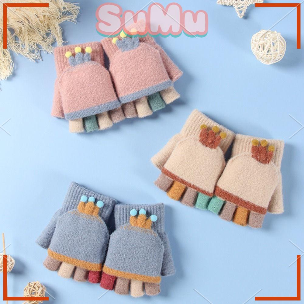SUMU Găng Tay Dệt Kim Dày Dặn Ấm Áp Kiểu Hoạt Hình Đáng Yêu