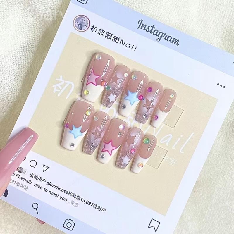 Bộ 10 Móng Tay Giả Y2k Đính Đá Nhân Tạo Che Phủ Toàn Diện Phong Cách Hàn Quốc