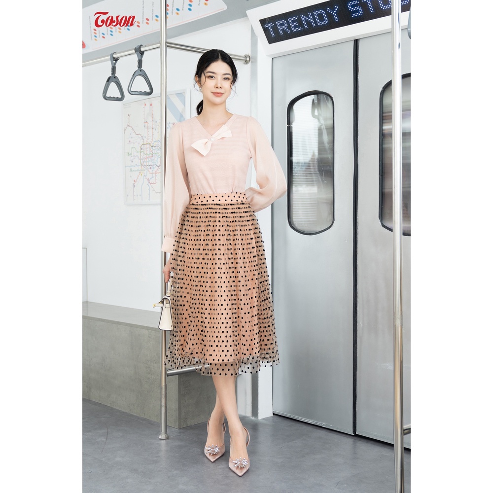 Chân váy dập ly xòe quạt, ren be da chấm nhung 37979E52 Toson