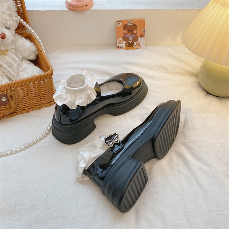 Giày Búp Bê Da PU Mũi Tròn Thắt Nơ Xinh Xắn Phong Cách Retro Nhật Bản