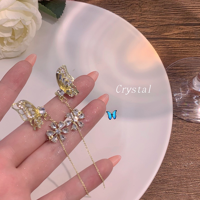 Sáng bóng zircon bướm tai cuff màu vàng tua kẹp trên bông tai cho phụ nữ phong cách hàn quốc bông tai hoa không xỏ khuyên trang sức ryvn
