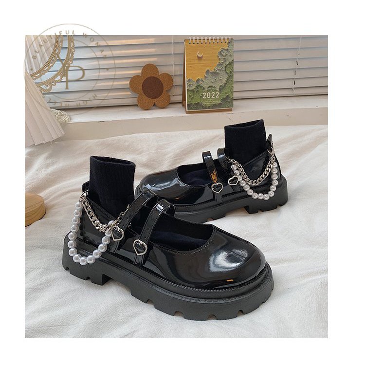 Giày Búp Bê Mũi Tròn Đế Thấp Bằng Sợi Polyester Màu Trơn Phối Khóa Cài