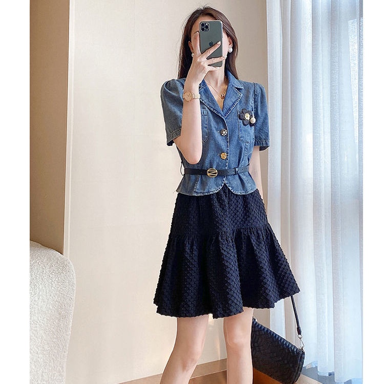 Bộ Áo Thun + Chân Váy Denim Chữ A Phong Cách Phương Tây Thời Trang Mùa Hè 2023 Mới