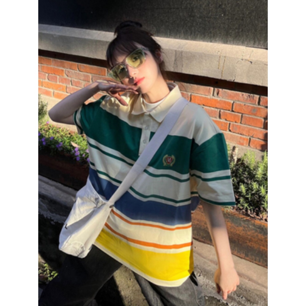 Áo Thun polo Ngắn Tay Form Rộng Họa Tiết Kẻ Sọc Cầu Vồng Thời Trang Mùa Hè