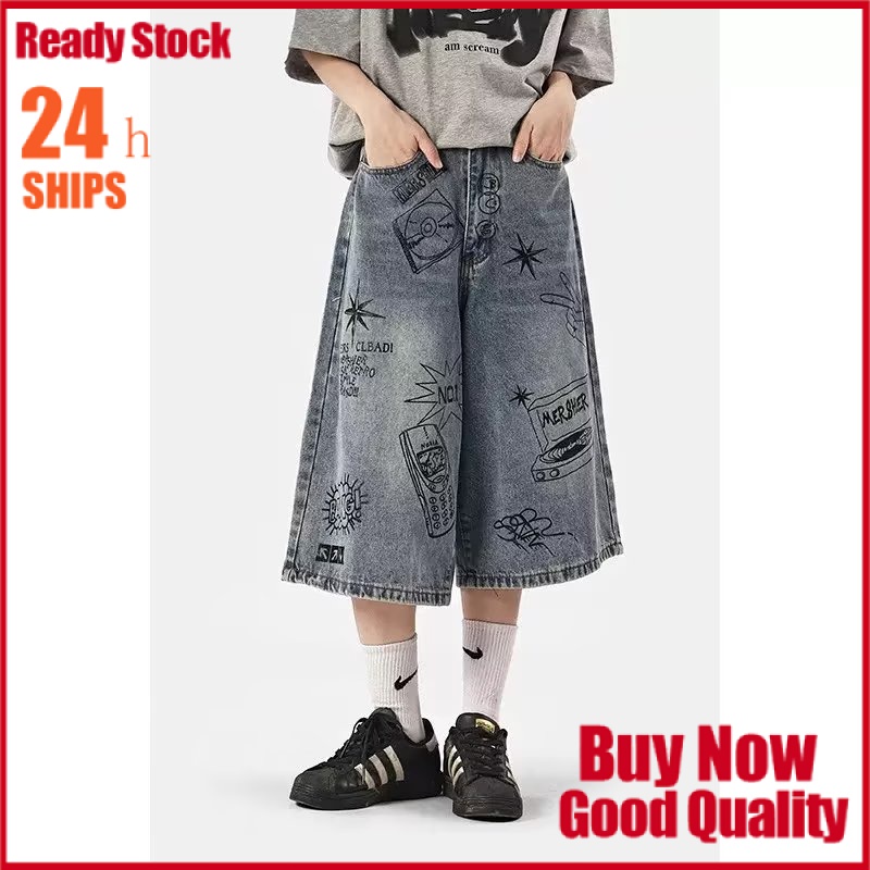 Quần Short Jean Ống Rộng Họa Tiết Graffiti Phong Cách Mỹ Cá Tính Cho Nam