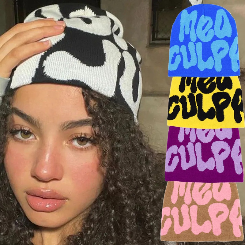 Mũ Len Dệt Kim Mỏng Thoải Mái Giữ Ấm Mùa Thu Đông In Chữ Phong Cách Mỹ Thời Trang Unisex