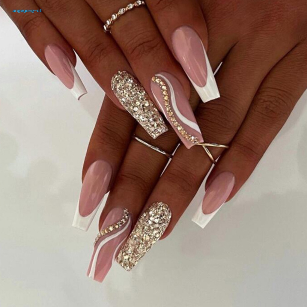 Bộ 24 Móng Tay Giả Dạng Nhấn Chống Nước Lâu Trôi Phong Cách Pháp Cho Bất Kỳ Occasion