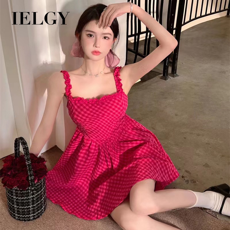 Đầm Búp Bê Hai Dây Nhấn Eo Họa Tiết Sọc Caro Hồng Nữ Tính Ngọt Ngào