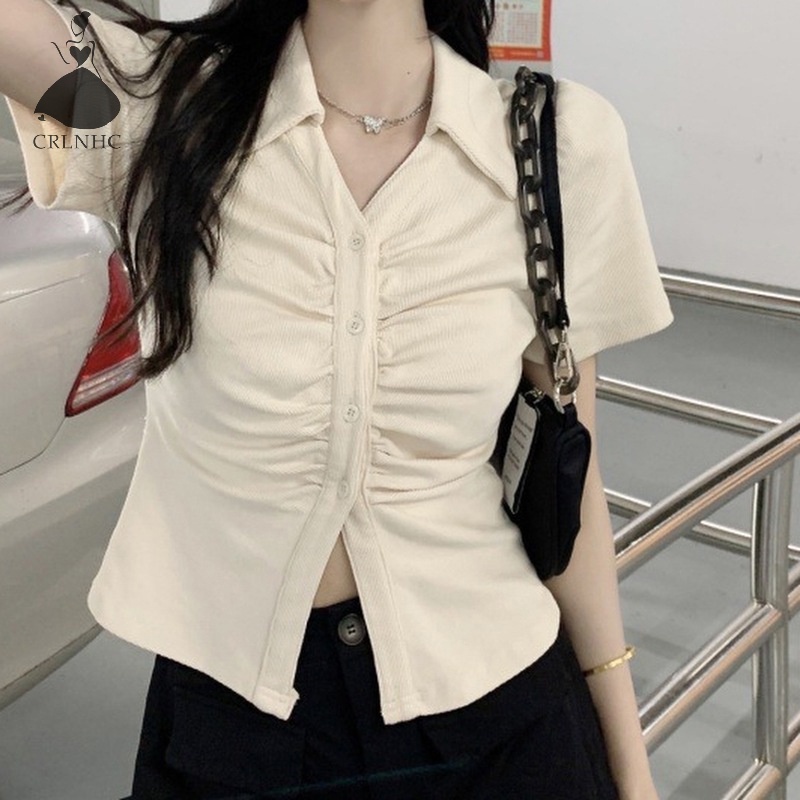 Áo Sơ Mi Tay Ngắn Dáng Ôm Màu Trơn Thời Trang Cho Nữ