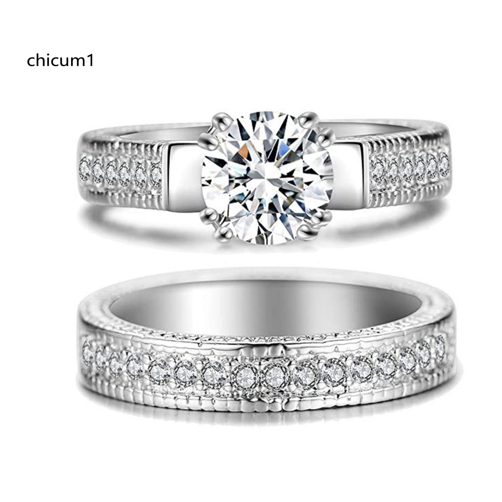Set 2 Nhẫn Cặp Đính Đá Zircon Lấp Lánh Dễ Phối Đồ Thời Trang Cho Cặp Đôi