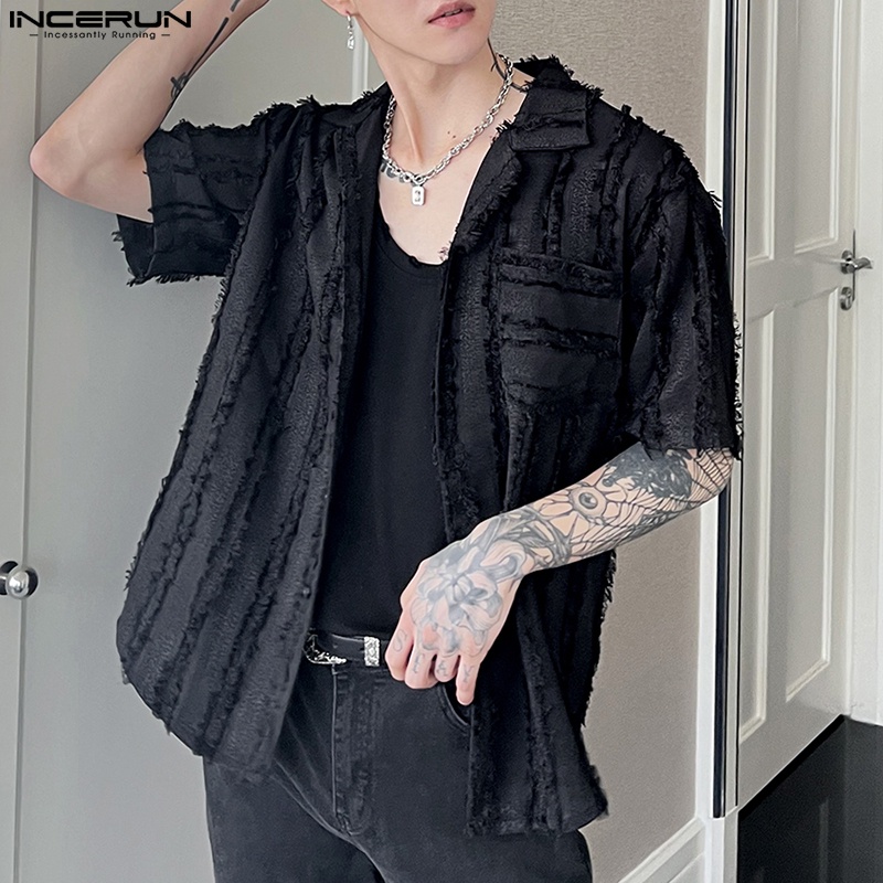 Incerun Áo Sơ Mi Nam Ngắn Tay Kết Cấu Chải Tua Rua Hàn Quốc