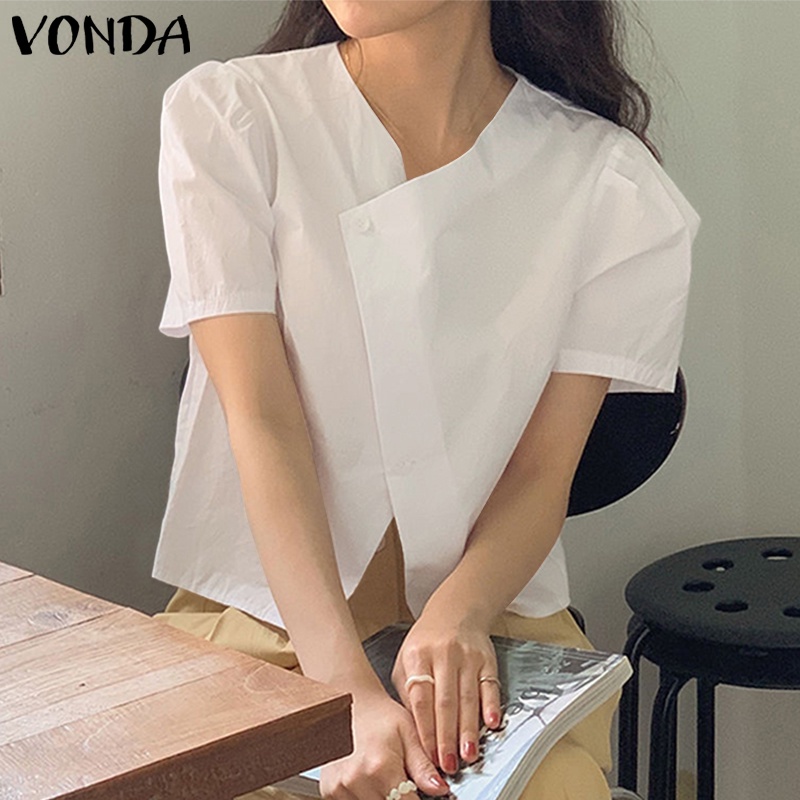 Áo Sơ Mi Ngắn Tay Cổ Tròn Màu Trơn Cài Nút Đơn Giản Phong Cách Hàn Quốc Cho Nữ