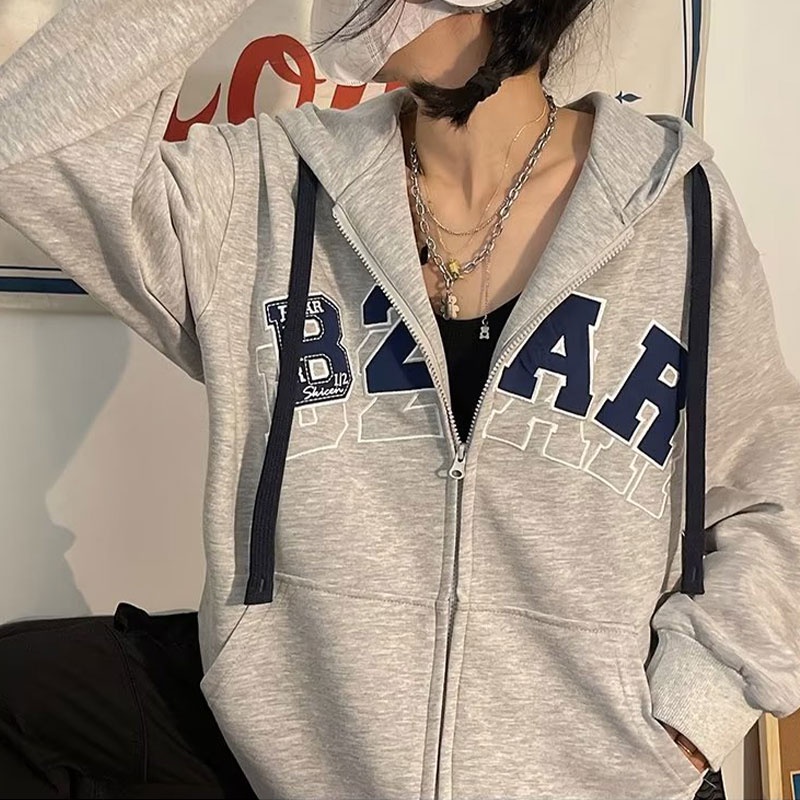 Áo Khoác cardigan Có Mũ Trùm Dáng Rộng Phối Khóa Kéo Kiểu retro Cá Tính Cho Nữ