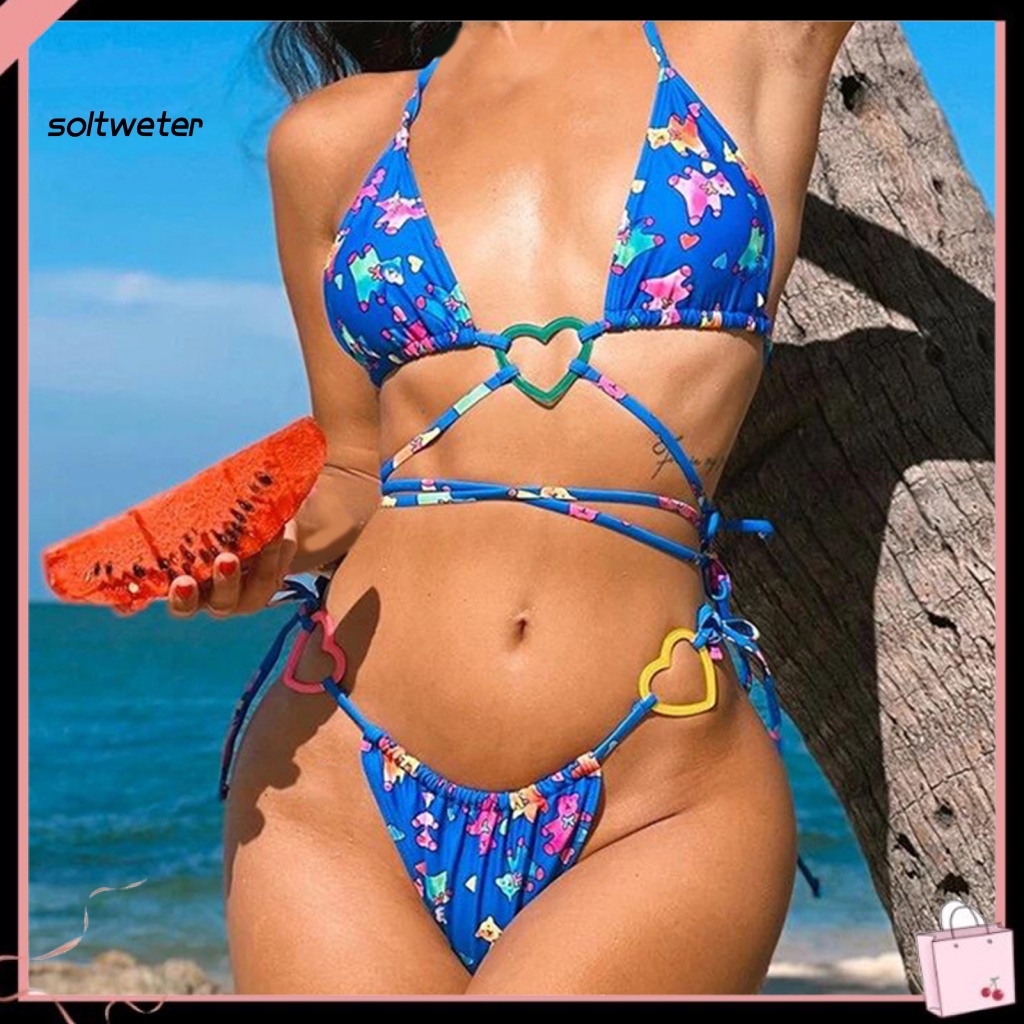 Bộ Đồ Bơi Bikini Hai Dây Có Mút Đệm Họa Tiết Gấu Hoạt Hình Dành Cho Nữ