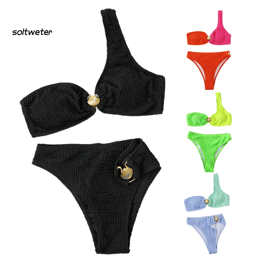 Bộ Đồ Bơi Bikini 2 Mảnh Màu Trơn Có Mút Đệm Vỏ Sò Dành Cho Nữ