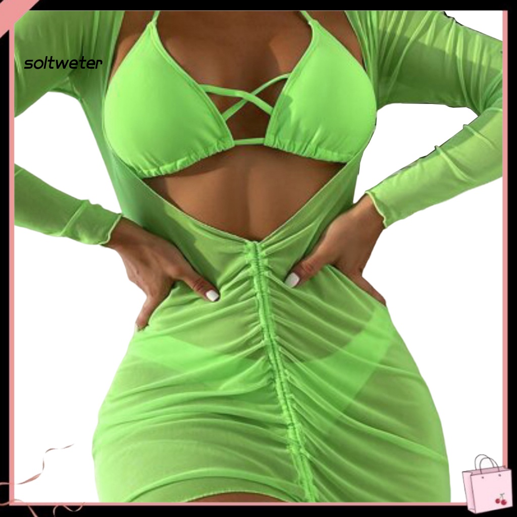 Bộ Đồ Bơi Bikini 3 Món Màu Trơn Hở Lưng Có Mút Đệm Quyến Rũ