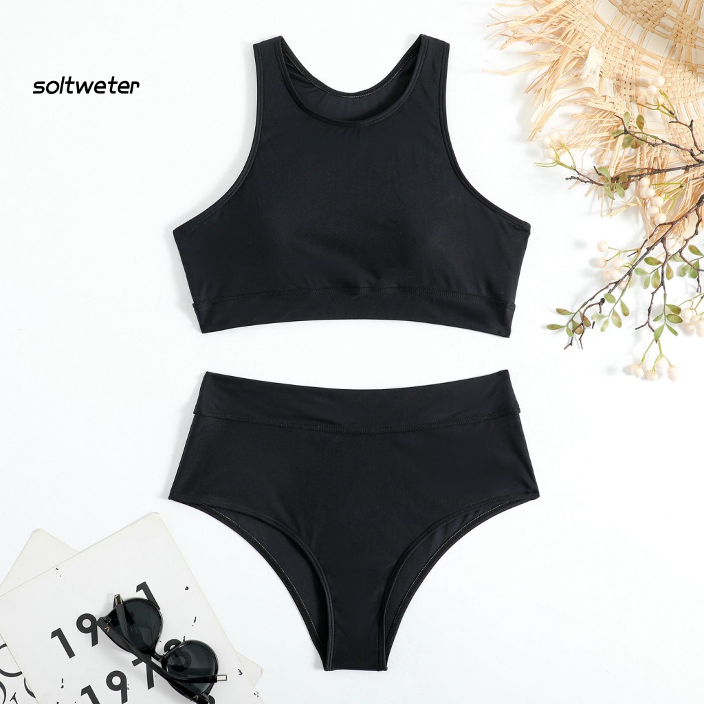 Bộ Bikini 2 Mảnh Không Gọng Cổ Tròn Lưng Cao Màu Trơn Cho Nữ