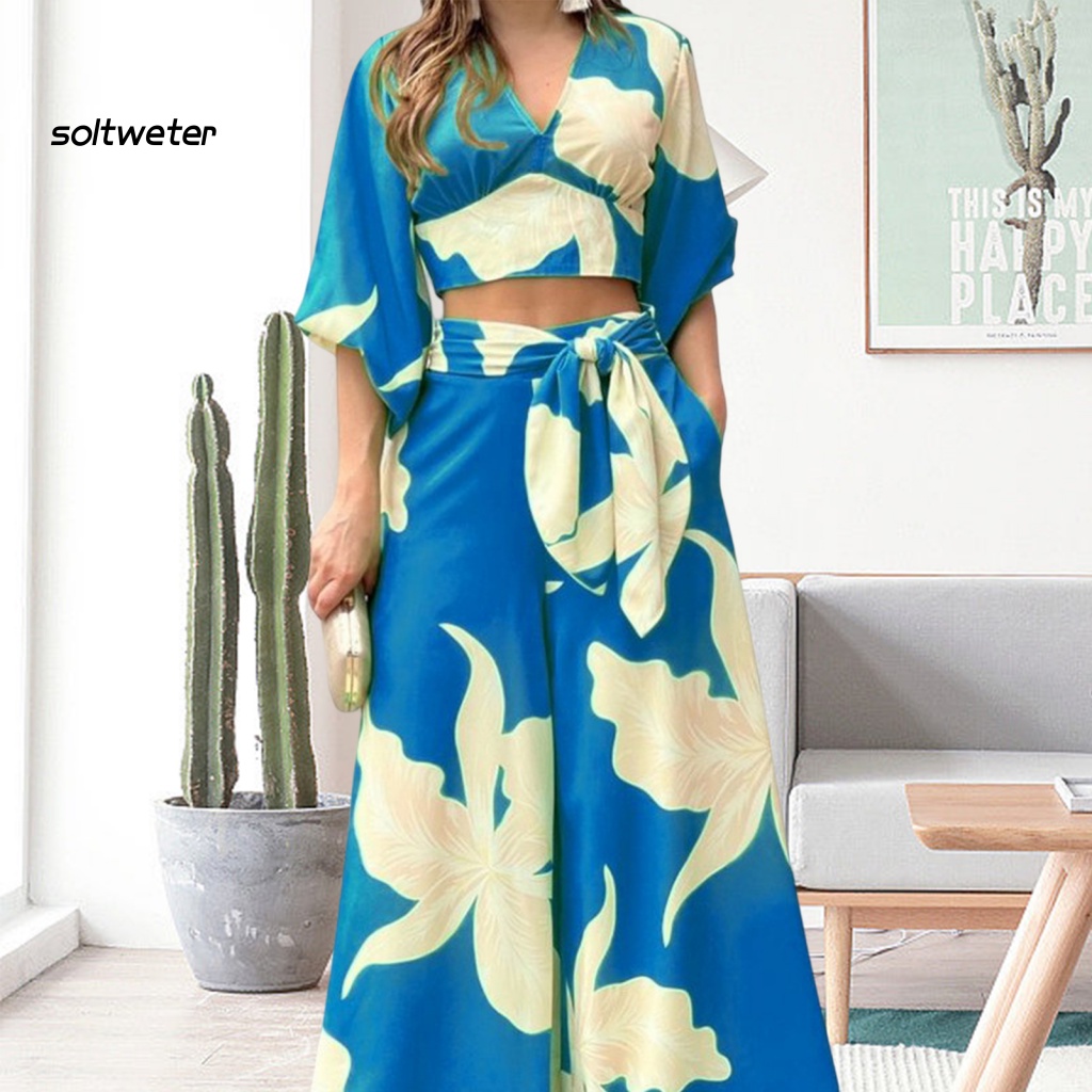 Bộ Trang Phục 2 Mảnh Gồm Áo Croptop Tay Lửng Cổ Chữ V Eo Cao Có Túi In Hoa Và Quần Dài Ống Rộng Thời Trang Công Sở